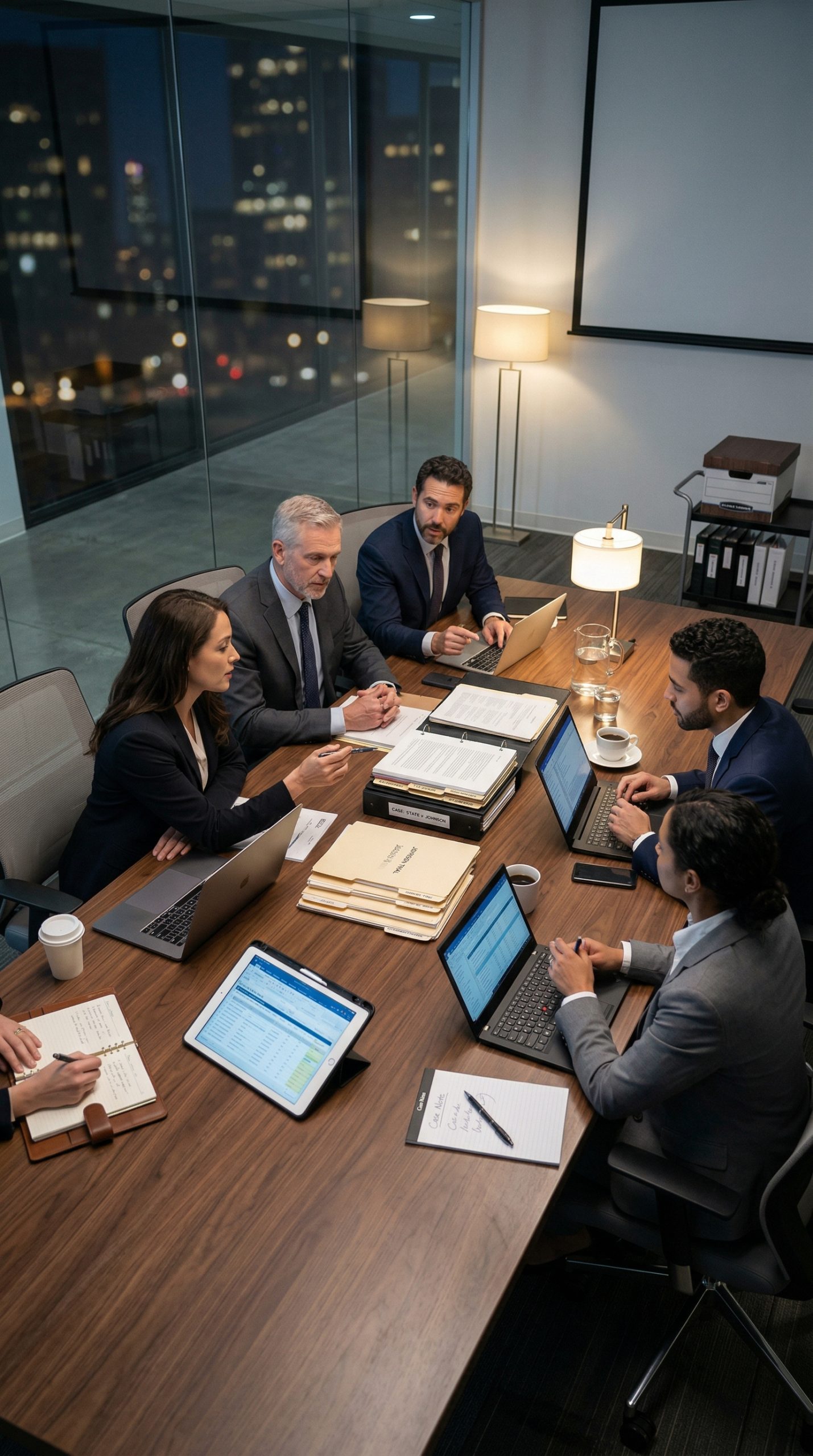 Professional litigation support team in a New Orleans law office discussing eDiscovery strategy and ESI data review using laptops and tablets.