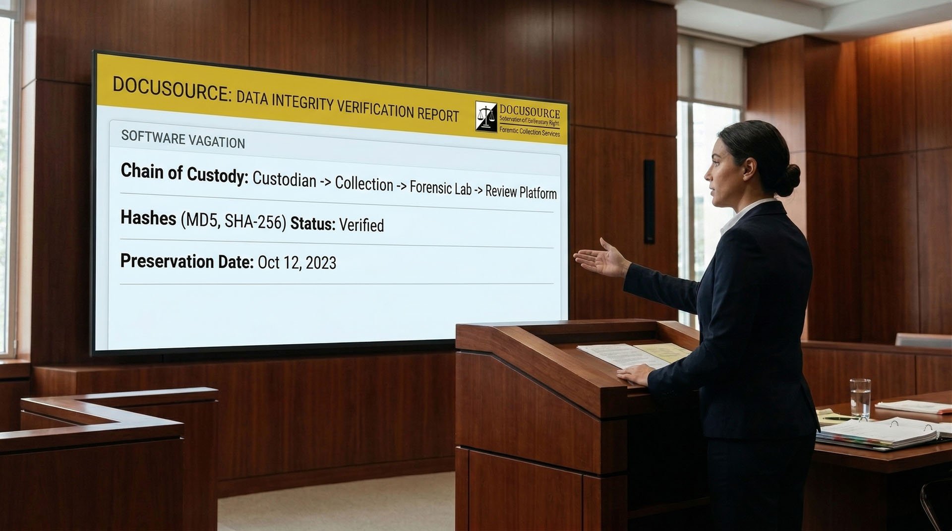 Certified digital forensic expert witness providing technical testimony on ESI chain of custody and data integrity in a courtroom setting.